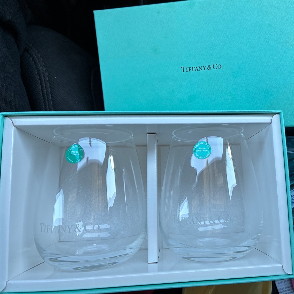 Tiffany & Co. Clear Crystal Stemless Wine Glasses with Signature Blue Box